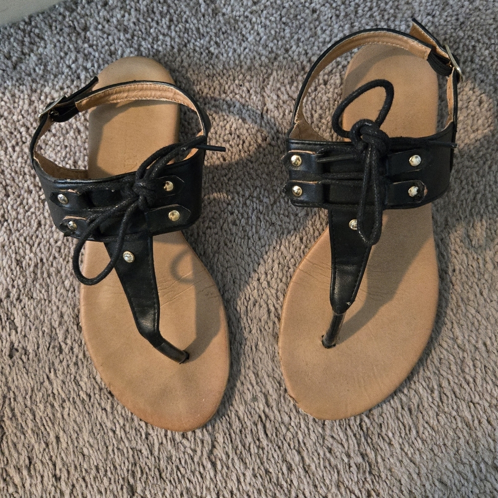Black and Tan Studded T-Strap Sandals